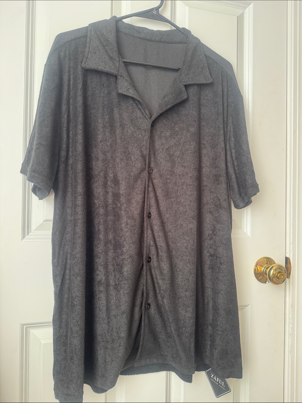 Zaful Charcoal Gray Terry Cloth Short Sleeve Camp Shirt